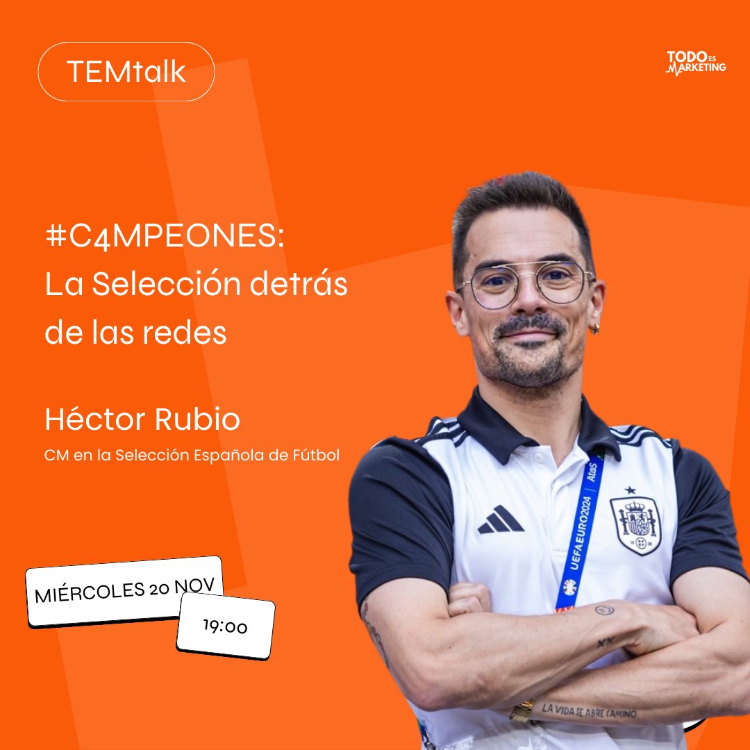 ¡Hoy hay TEM Talk!

Viene Héctor Rubio, el CM de la Selección Española de Fútbol 🇪🇸🇪🇸🇪🇸

Viene a hablarnos de su papel como CM, del impacto del contenido en la imagen de la Selección y por supuesto… De todo lo que nos de curiosidad 🤓

Nos vemos dentro a las 19h 🫱🏻‍🫲🏼