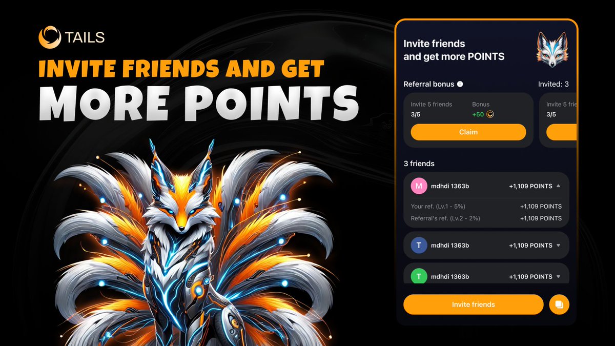 🎉 Invite Your Friends &amp; Earn More POINTS! 

Share the Tails experience—invite your friends to join and watch your POINTS grow! The more friends, the more rewards! 🚀

Start inviting now and boost your journey in the <a href="/0xSonicLabs/">Sonic Labs</a> ecosystem.
Join us now: t.me/TailsRealBot