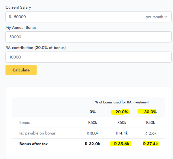 Here is the best way to reduce tax on your bonus.

Salary: R50k pm
Bonus: R50k 😀
Tax on bonus: R18k 😢
Bonus after tax: R32k

If you take 20% of your bonus and invest in a retirement annuity, you reduce your tax payable to R14.4.

howtaxworks.co.za/questions/how-…