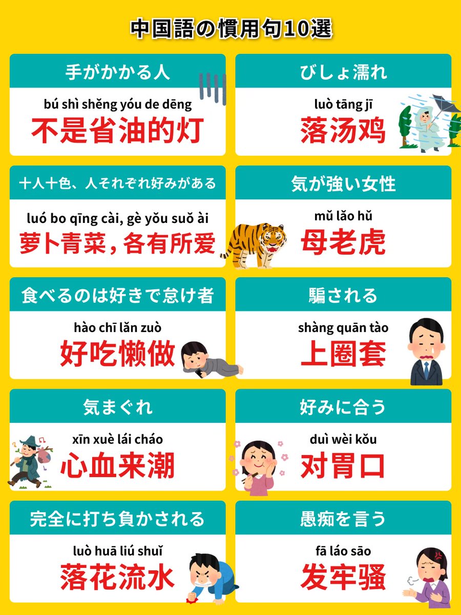 mainichikane's tweet photo. ＼使えたら上級者確定！中国語の慣用句10選／

下了一场大雨，我变成落汤鸡了。
➡️大きな雨が降ってびしょ濡れになった

萝卜青菜，各有所爱，你喜欢吃辣的，我喜欢吃甜的。
➡️人それぞれ好みが違う、君は辛いのが好きで、私は甘いのが好き

他姐姐真是个母老虎。
➡️彼の姉は本当に気が強い人だ https://t.co/kQbMunvc4I