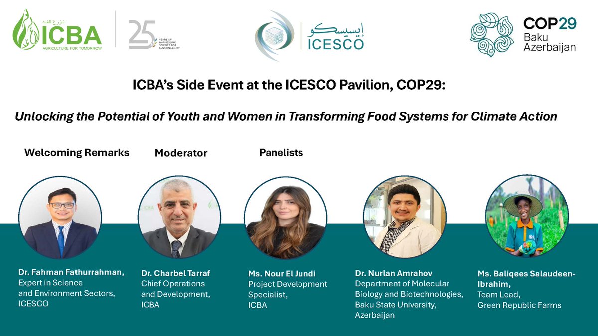 advancing resilient, climate-smart food systems, emphasizing sustainable practices that support climate action.
Date: November 20
Time: 13:00 – 14:00
Location: ICESCO Pavilion, Blue Zone