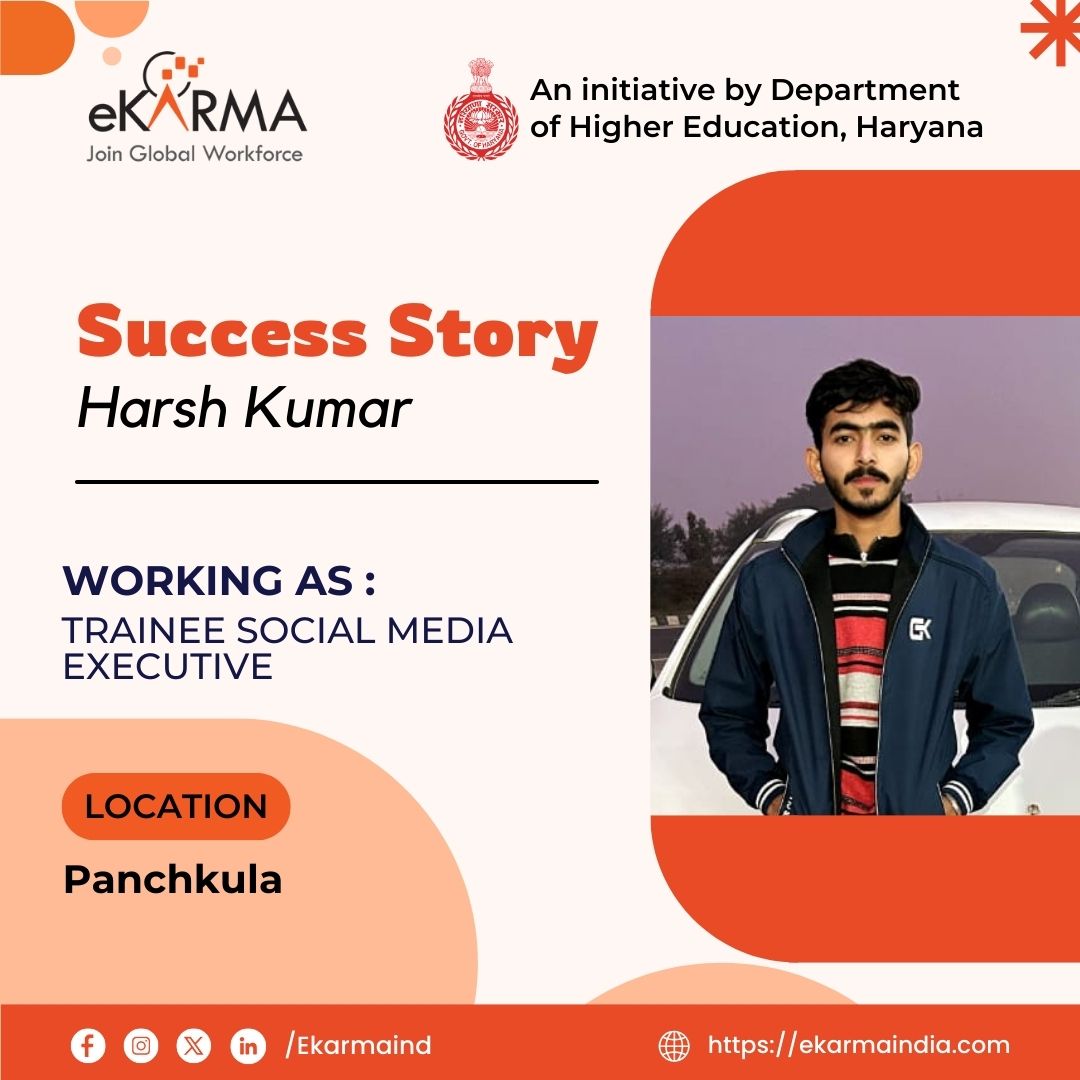 EKarmaIND's tweet photo. Congrats to Harsh Kumar! After training in Digital Marketing at our Panchkula Center, he's now excelling in Social Media Marketing.
#eKarmaSuccess #DigitalMarketing #CareerGrowth https://t.co/TWlYIhiKmW