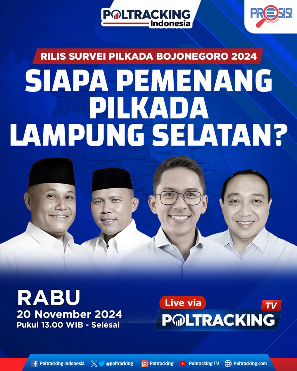Undangan Media Rilis Temuan Survei Pilkada Lampung Selatan Poltracking Indonesia:

SIAPA PEMENANG PILKADA LAMPUNG SELATAN?

Narahubung: Masduri Amrawi (085234977108)

Live: youtube.com/live/KZNU5uECa…