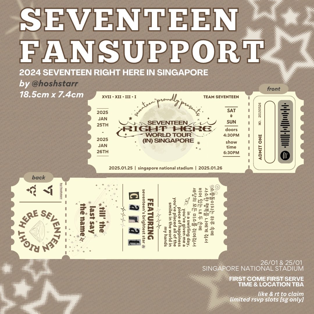 🇸🇬 fansupport for #SVT_RIGHT_HERE_IN_SINGAPORE!

📆 25-26th january 
📍outside singapore national stadium
🪧 fcfs, limited quantities!

— just like, rt and show me the tweet to claim!
— exact location &amp; timing TBC
— open to trades but may be selective!

++