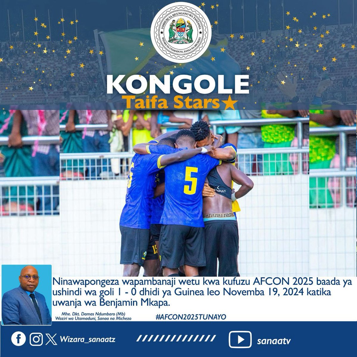 💥👏
<a href="/TaifaStars_/">TAIFA STARS</a> <a href="/WizaraSanaa/">Wizara ya Habari, Utamaduni, Sanaa na Michezo.</a>