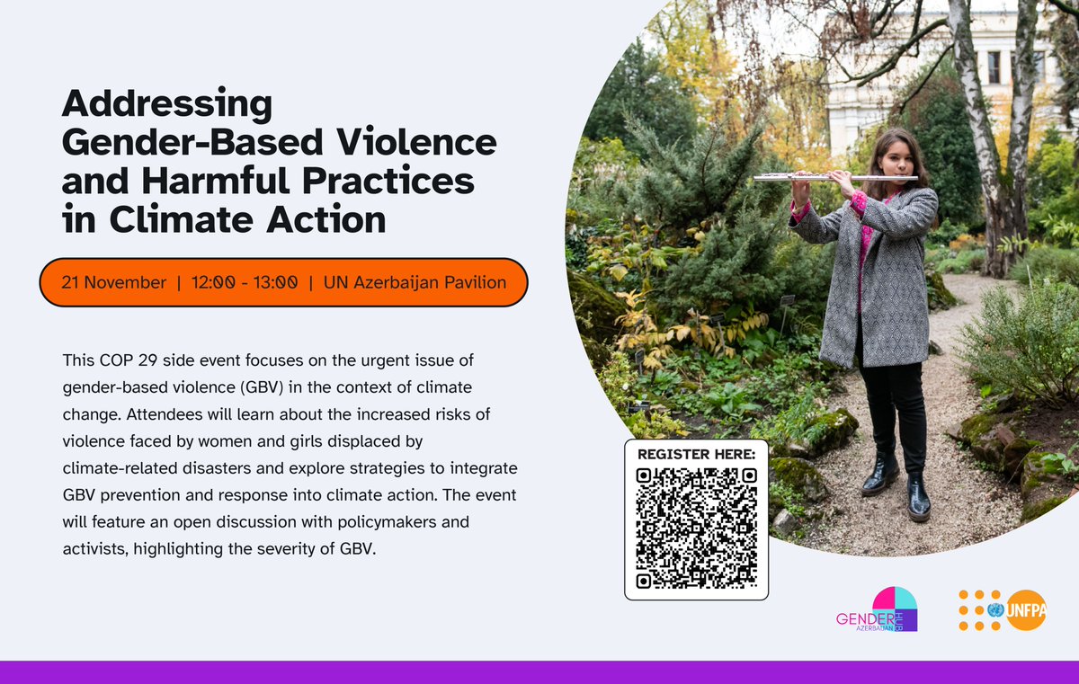 Mark your #COP29 calendars for tomorrow 21 Nov at 12:00 in the UN Pavilion 🗓️

<a href="/UNFPA/">UNFPA</a> is hosting a vital discussion about how climate change increases the risks of gender-based violence #GBV.

Millions of women and girls around the world face the threat of displacement, violence