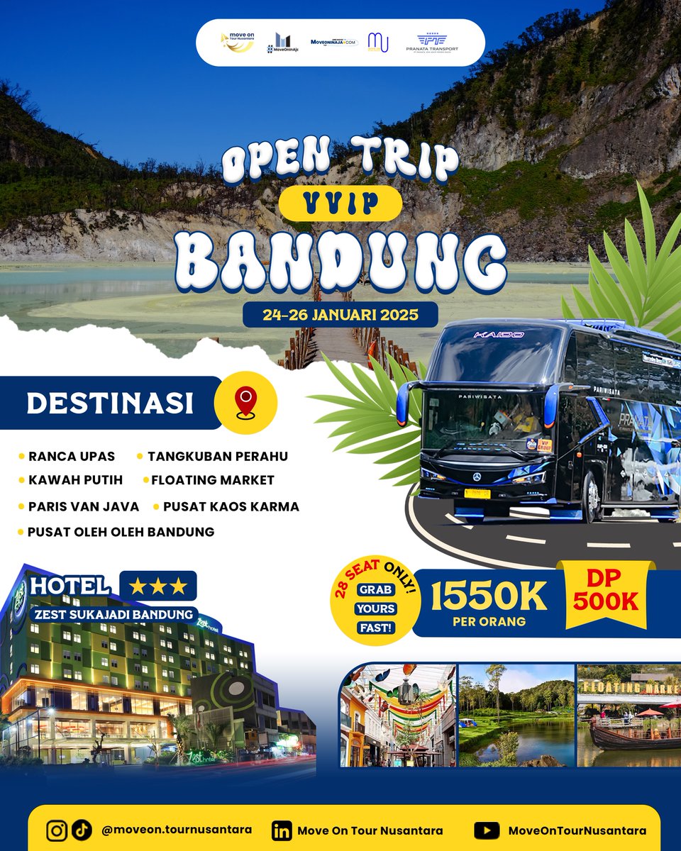 moveontour's tweet photo. 🚍 OPEN TRIP VVIP BANDUNG 2025 🚍

📅 24-26 Januari 2025
📍 Destinasi: Ranca Upas, Kawah Putih, Tangkuban Perahu, Floating Market, Paris Van Java, dan masih banyak lagi!

🏨 Hotel: Zest Sukajadi Bandung
✨ Fasilitas super lengkap
📲 Info lengkap &amp; pendaftaran: +62 857-3218-5045 https://t.co/LWhmA5fIib