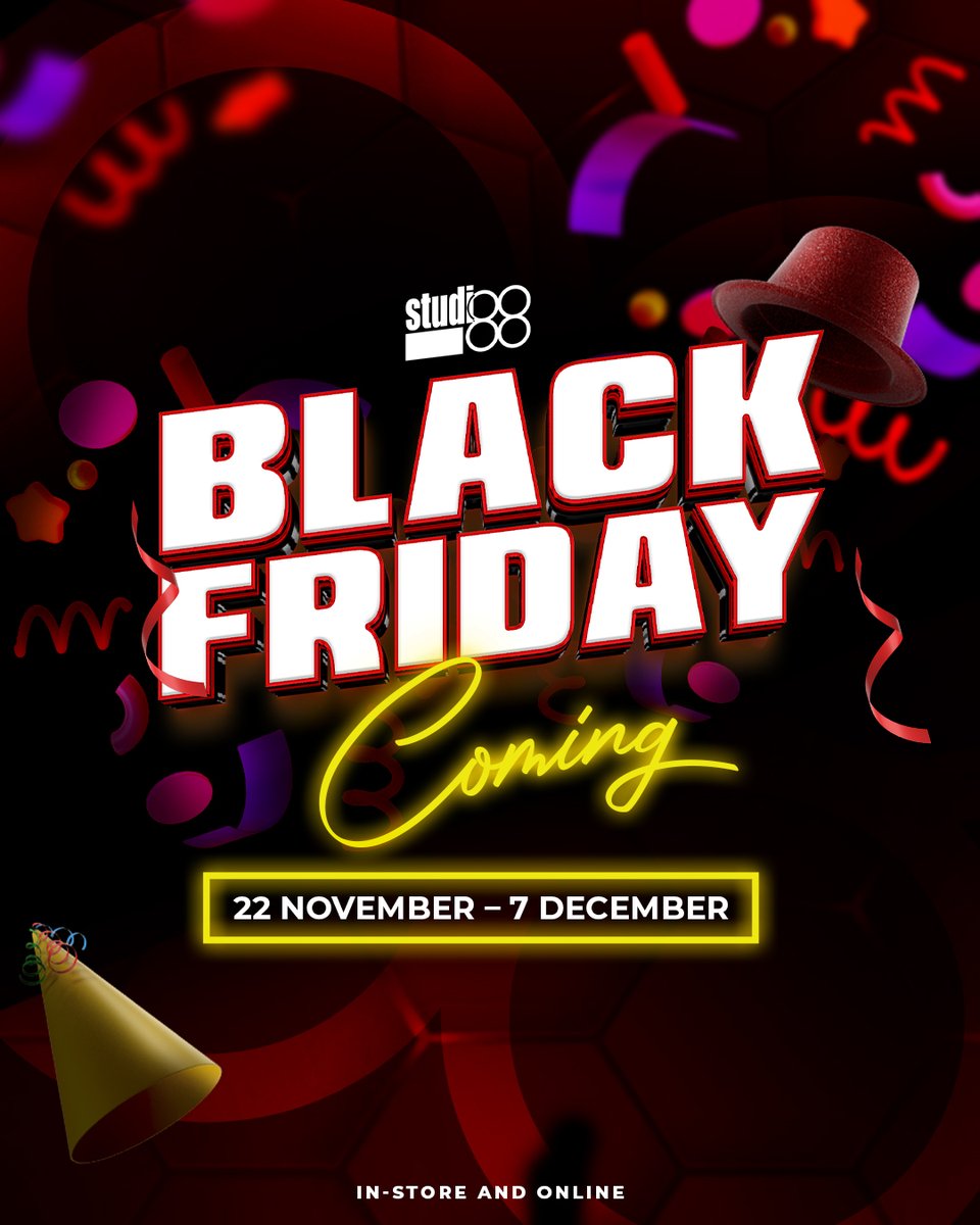Studio_88's tweet photo. 🎉 The Black Friday Party is ON at Studio 88! 🎉

From 22 November to 07 December 2024, the hottest deals are waiting for YOU!🔥

🎊 Shop. Save. Celebrate. 🎊

#Studio88 #BlackFriday #S88BlackFriday https://t.co/KQa477xzVk