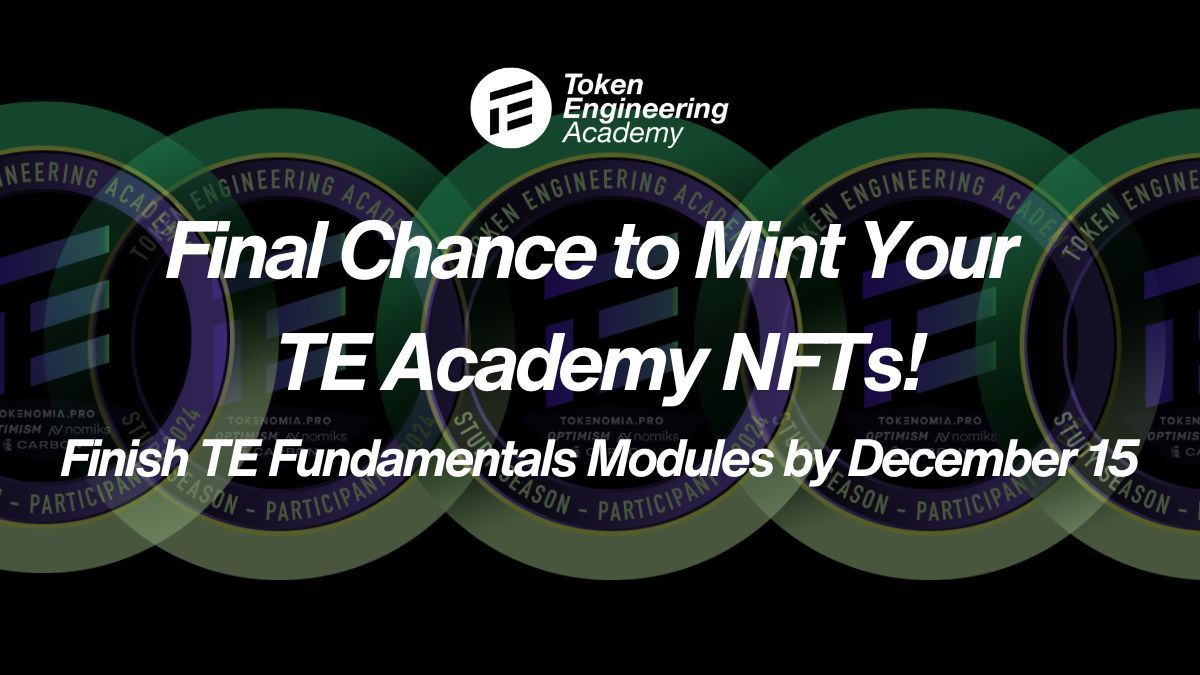 tokengineering's tweet image. There are few better feelings than minting your NFT certificates after passing your #TEFundamentals modules! 💪 🤓 🏆 

Attention all #TokenEngineering students, complete your remaining modules (incl. exams!) by December 15!

After this date, exams and NFT minting will no longer…