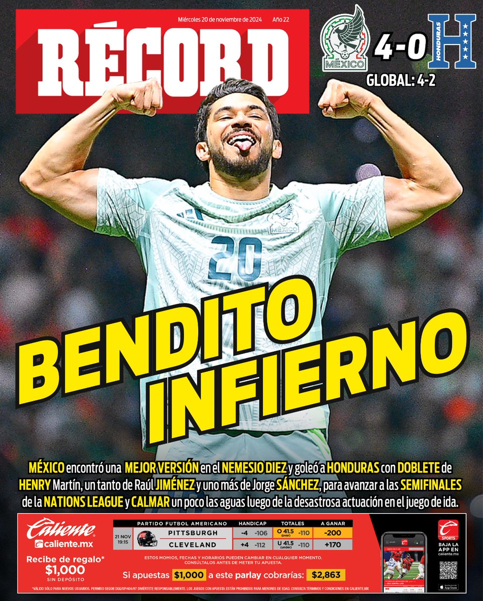 record_mexico's tweet photo. EL CALOR DE LA BOMBONERA AYUDÓ 🔥 

Con doblete de Henry, uno de Raúl y de Jorge Sánchez, la Selección Mexicana venció a Honduras y avanza a la Semifinal de la Nations League.

La afición volvió a conectar con los jugadores.

#Portada 📰 #HoyEnTuRÉCORD https://t.co/slwq0fIi7n