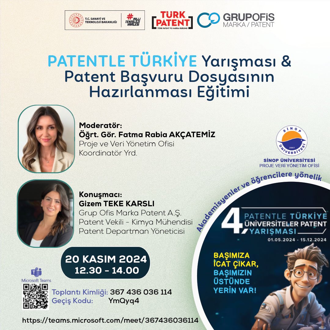 🚀Patentle Türkiye Yarışması’nın detaylarını paylaşağımız etkinliğimizde Patent Başvuru Dosyasının Hazırlanması Eğitimi Grup Ofis Marka Patent Departman Yöneticisi Gizem Teke Karslı tarafından verilecek. 

20 Kasım Çarşamba saat:12.30’da çevrimiçi olacaktır.