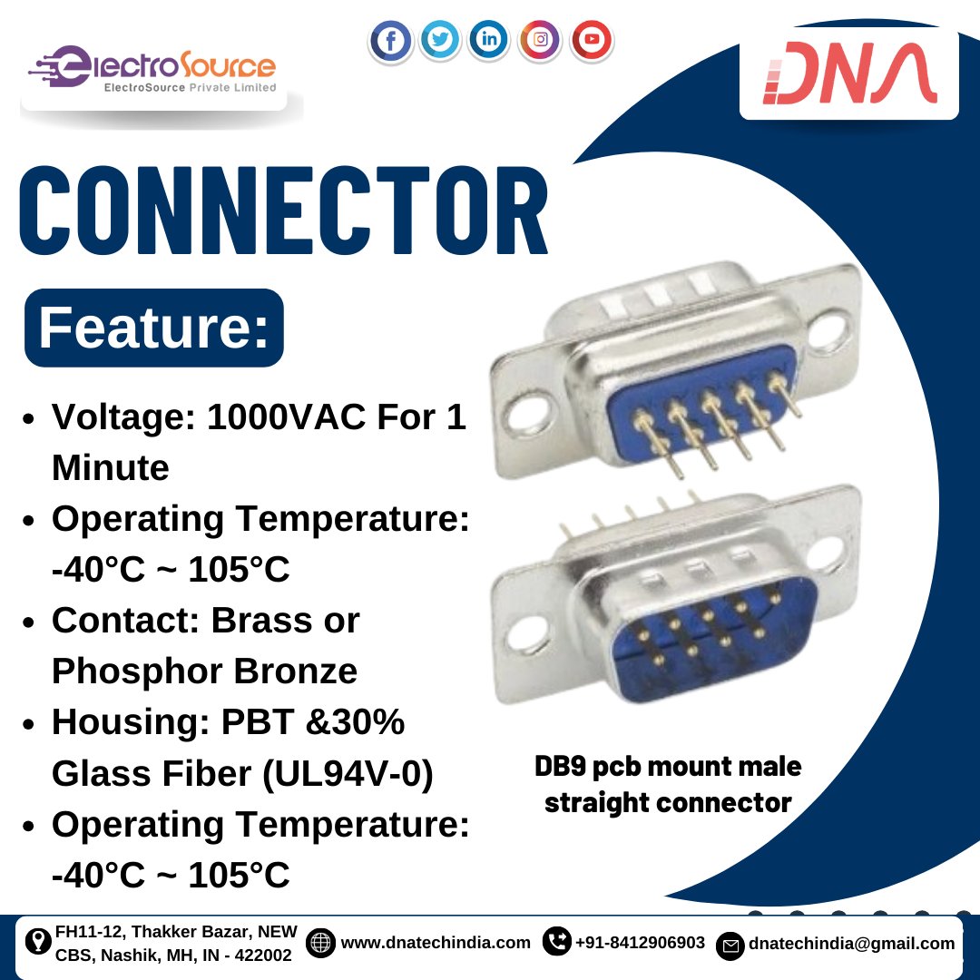 connector

DB9 pcb mount male straight connector

#connector #mount #male #straight #voltage #minute #operating #temprature #contact #brass #housing #glass #fiber #electronic #nashikcity