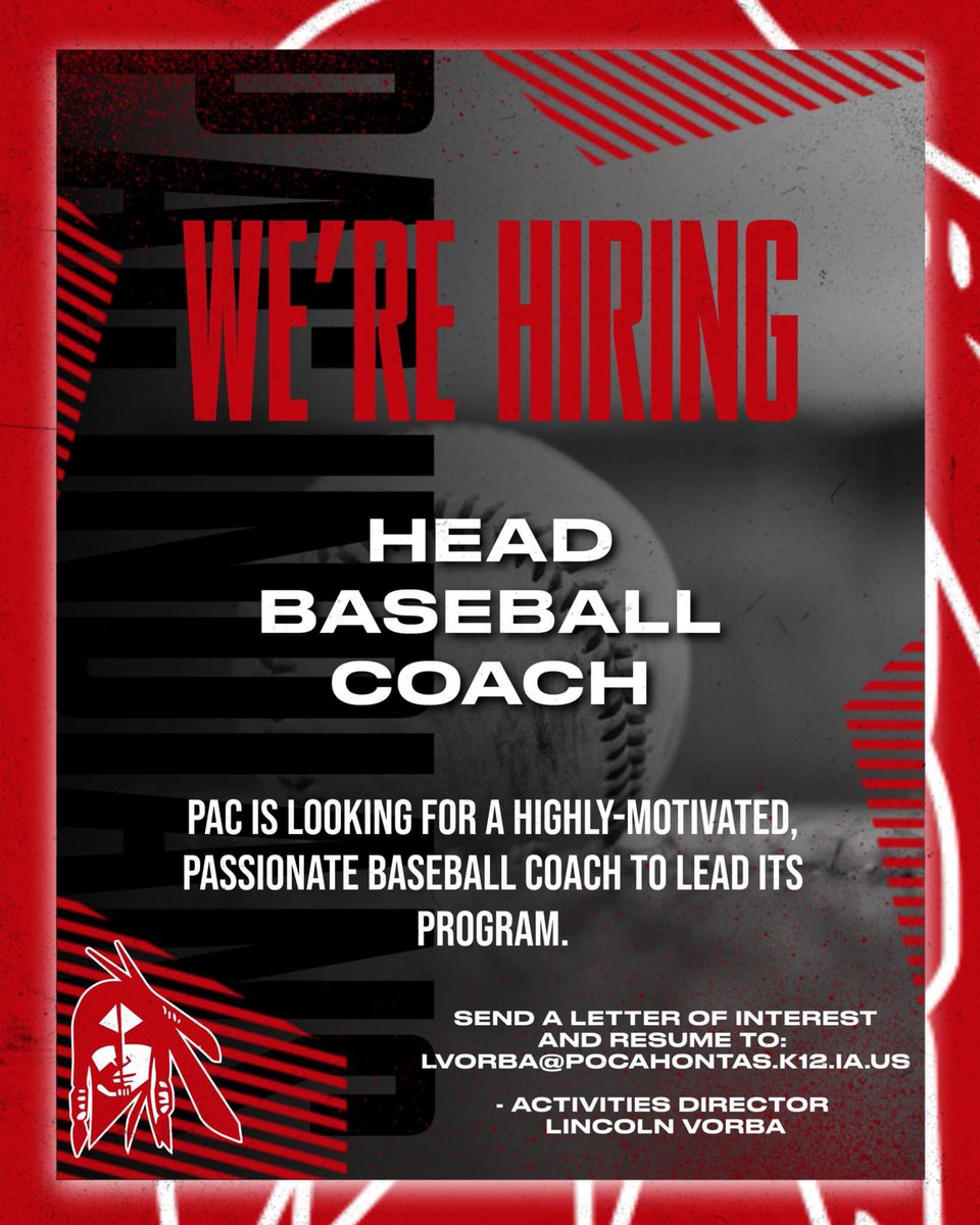 PAC Indians Activities (@pac_indians) on Twitter photo Pocahontas Area is looking to hire a new baseball coach to lead the program in the 2025 season and beyond.
If you are interested, please send a letter of interest and resume to AD Lincoln Vorba.
<a href="/IAHSBCA/">Iowa HS Baseball Coaches Association</a> <a href="/iahsbb/">Iowa High School Baseball</a> <a href="/PrepBaseballIA/">Prep Baseball Iowa</a> <a href="/IowaPG/">Perfect Game Iowa</a> <a href="/BVU_Baseball/">BVU Baseball</a> <a href="/NWC_Baseball/">Northwestern Baseball</a> <a href="/ICCCBaseball/">Iowa Central Baseball</a> Pocahontas Area is looking to hire a new baseball coach to lead the program in the 2025 season and beyond.
If you are interested, please send a letter of interest and resume to AD Lincoln Vorba.
<a href="/IAHSBCA/">Iowa HS Baseball Coaches Association</a> <a href="/iahsbb/">Iowa High School Baseball</a> <a href="/PrepBaseballIA/">Prep Baseball Iowa</a> <a href="/IowaPG/">Perfect Game Iowa</a> <a href="/BVU_Baseball/">BVU Baseball</a> <a href="/NWC_Baseball/">Northwestern Baseball</a> <a href="/ICCCBaseball/">Iowa Central Baseball</a>