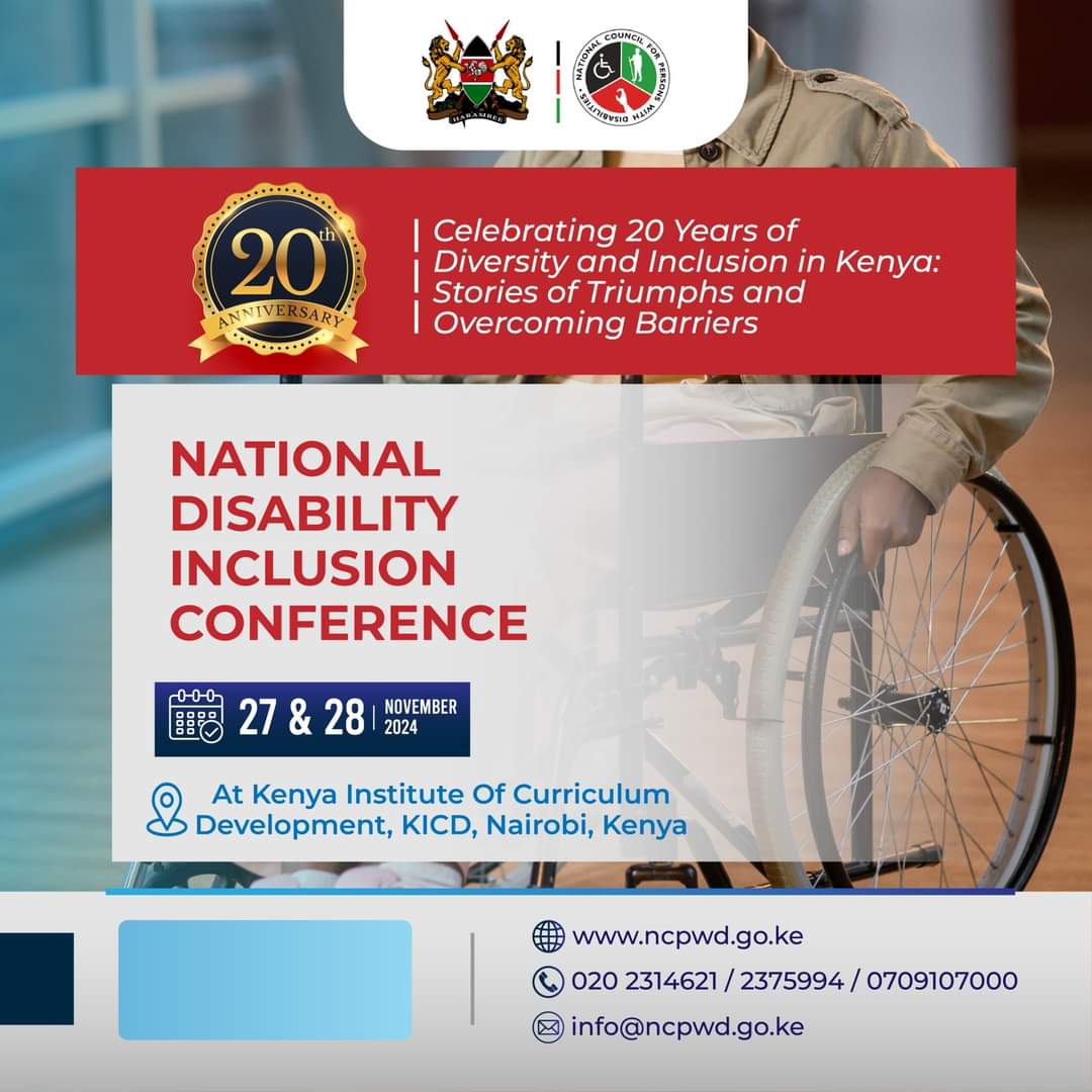 A huge achievement as the National Council of persons with disability is celebrating its 20years  of disability inclusion in Kenya. 

Register for the National Disability Inclusion Conference on the 27th &amp;   28th November 2024.