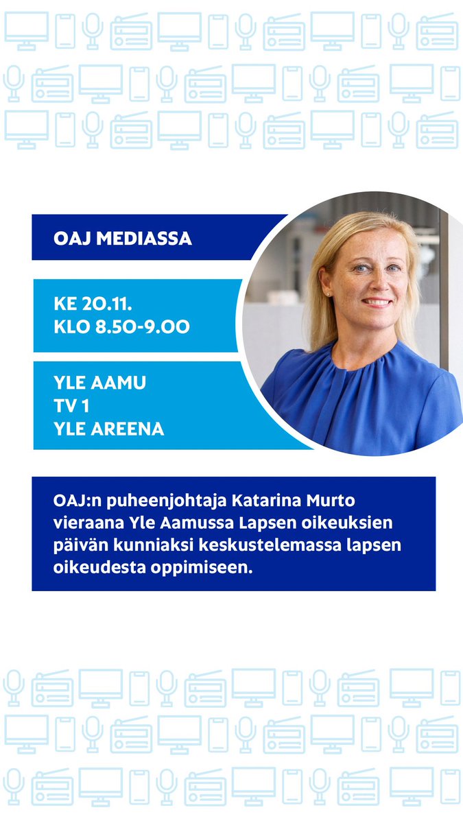 OAJ (@oajry) on Twitter photo Puheenjohtajamme <a href="/KatarinaMurto/">Katarina Murto</a> keskustelemassa tänään <a href="/YleTV1/">Yle TV1</a> lapsen oikeudesta oppimiseen <a href="/LapsenOikeudet/">Lapsen oikeudet</a> päivän kunniaksi yhdessä <a href="/lastensuojeluKL/">Lastensuojelun Keskusliitto</a> <a href="/USiimes/">Ulla Siimes</a> kanssa 📺 #LapsenOikeudet #saanOppia #saatOppia Puheenjohtajamme <a href="/KatarinaMurto/">Katarina Murto</a> keskustelemassa tänään <a href="/YleTV1/">Yle TV1</a> lapsen oikeudesta oppimiseen <a href="/LapsenOikeudet/">Lapsen oikeudet</a> päivän kunniaksi yhdessä <a href="/lastensuojeluKL/">Lastensuojelun Keskusliitto</a> <a href="/USiimes/">Ulla Siimes</a> kanssa 📺 #LapsenOikeudet #saanOppia #saatOppia