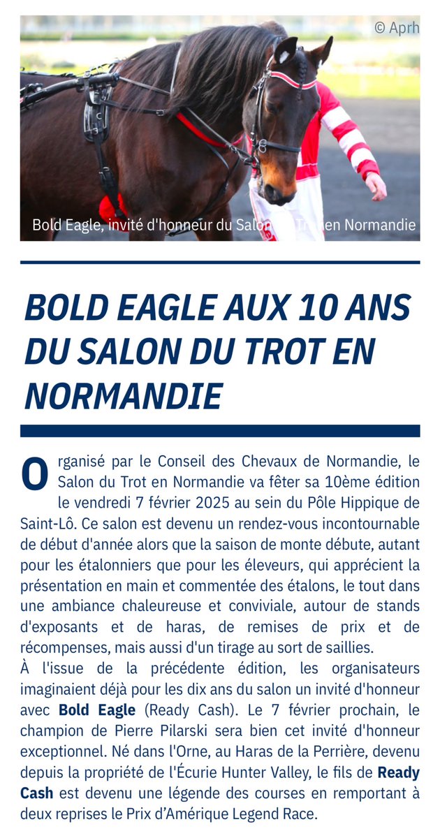 🇫🇷𝙱𝙾𝙻𝙳 𝙴𝙰𝙶𝙻𝙴 ♞ (@boldeagle_trot) on Twitter photo 📍Le vendredi 7️⃣ février 2025, <a href="/BoldEagle_Trot/">🇫🇷𝙱𝙾𝙻𝙳 𝙴𝙰𝙶𝙻𝙴 ♞</a> sera l’invité d’honneur de la 🔟ème édition du Salon du Trot en Normandie à Saint-Lô. 🐴🏟️ <a href="/ProvinceCourses/">Province Courses / 24H au trot</a>
#salon #trot #normandie #étalons 📍Le vendredi 7️⃣ février 2025, <a href="/BoldEagle_Trot/">🇫🇷𝙱𝙾𝙻𝙳 𝙴𝙰𝙶𝙻𝙴 ♞</a> sera l’invité d’honneur de la 🔟ème édition du Salon du Trot en Normandie à Saint-Lô. 🐴🏟️ <a href="/ProvinceCourses/">Province Courses / 24H au trot</a>
#salon #trot #normandie #étalons