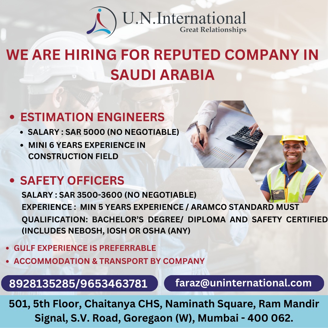 UNInternationaI's tweet image. WE ARE URGENTLY HIRING ESTIMATION ENGINEERS &amp;amp; SAFETY OFFICERS FOR A REPUTED COMPANY IN SAUDI ARABIA
#JobVacancy #HiringNow #EstimationEngineer #SafetyOfficer #EngineeringJobs #SafetyJobs #SaudiJobs #KSAJobs #WorkAbroad #CareerOpportunities #JobsInSaudi #MiddleEastJobs