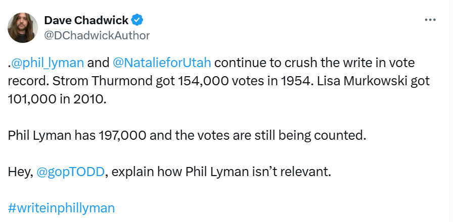 SLCPaladin's tweet photo. Does anyone else see "Philly Man" when they read the hashtag #writeinphillyman?
How many people wrote in "Philly Man" for governor Was it more than 1? I'd be so happy if at least a handful of voters wrote in "Philly Man" for governor.
@gopTODD @SpencerJCox @KingForUtah
#utpol https://t.co/PExbCykbqD