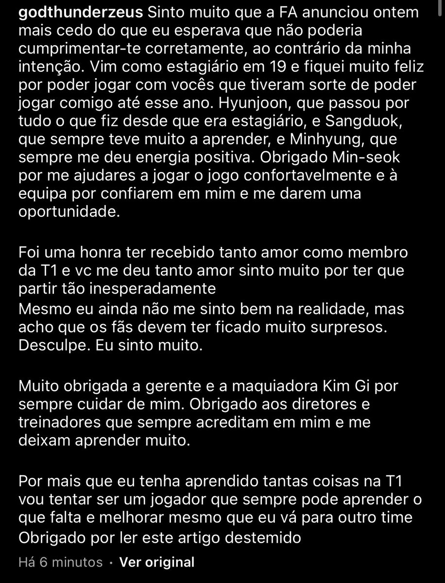 T1Brasil_'s tweet photo. Zeus fez o post de despedida no IG 😭

(Tradução criminosa do Instagram mas da pra entender) https://t.co/hREsmCjIRW