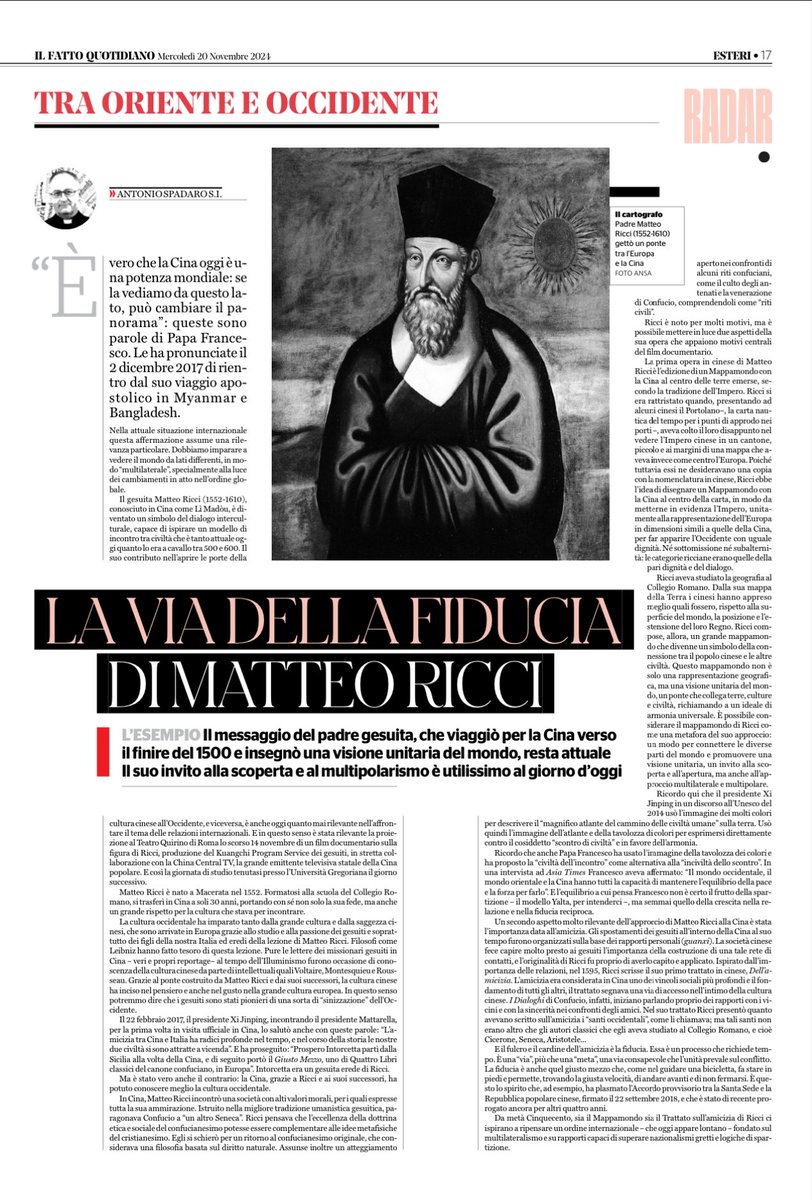 Oggi sul Fatto quotidiano in edicola una mia riflessione su #MatteoRicci. Dalla Cina 🇨🇳 del ‘500 ci ispira a ripensare un *ordine internazionale* – che oggi appare lontano – fondato sul multilateralismo e su rapporti capaci di superare nazionalismi gretti e logiche di