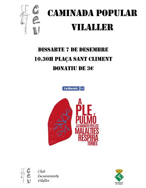 Caminada solidària amb <a href="/la_marato/">La Marató de 3Cat</a> el dissabte 7 a les 10:30h. a #Vilaller
A Ple Pulmó #LaMarató3Cat