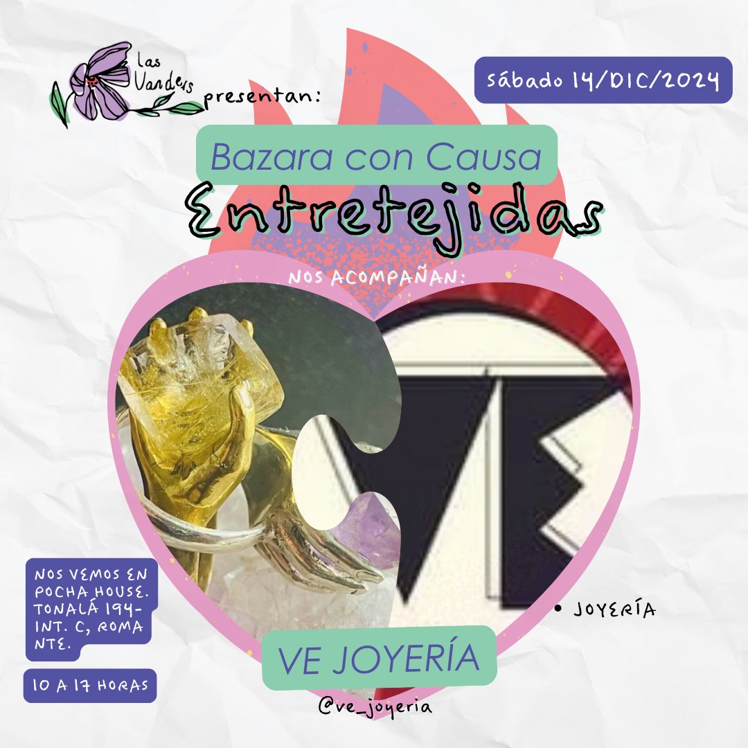 ✨ ¡Te vemos en ENTRETEJIDAS! 🛍️💎

Ahora presentamos a VE Joyería, un hermoso emprendimiento de joyería artesanal que refleja creatividad y elegancia. ✨💜

📅 14 de diciembre
⏰ 10 a 20 h
📍 Pocha House, Tonalá 194-C, Roma Norte, CDMX

🤝 ¡Ven y ENTRETEJÁMONOS!