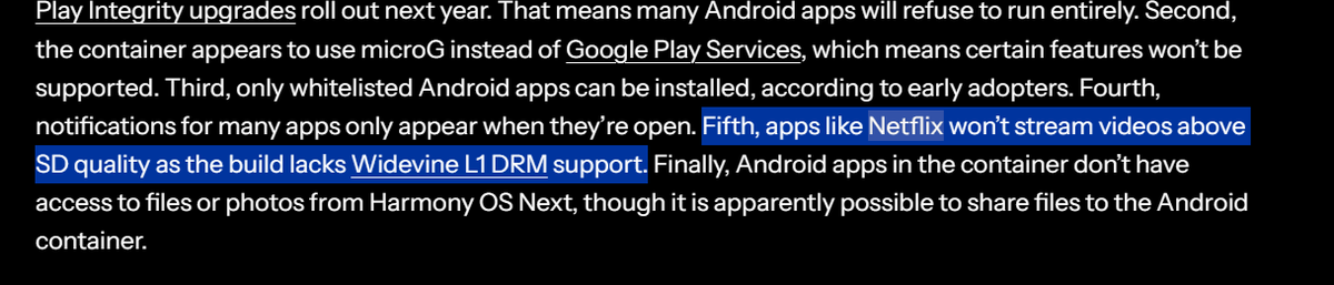 LivingInHarmony's tweet photo. https://t.co/J4fU6JDVuw
"Fifth, apps like Netflix won’t stream videos above SD quality as the build lacks Widevine L1 DRM support." on EasyAbroad HarmonyOS NEXT
#EasyAbroad #HarmonyOSNext #Netflix #NoHD #NoHDR #OpenHarmony @netflix @NetflixUK @NetflixDE @NetflixBrasil https://t.co/g7l4vfrtco