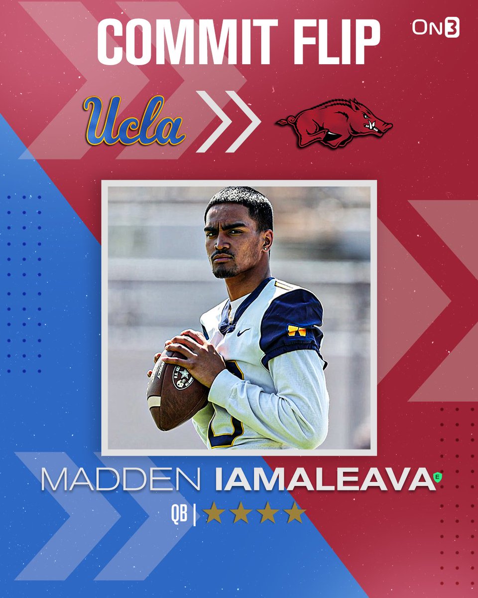 Rivals's tweet photo. 🚨BREAKING🚨 4-star QB Madden Iamaleava has flipped his commitment from UCLA to Arkansas🐗

He is the younger brother of Tennessee QB Nico Iamaleava. 

Read: https://t.co/WmODv4Wird https://t.co/hiRLQaDH0O