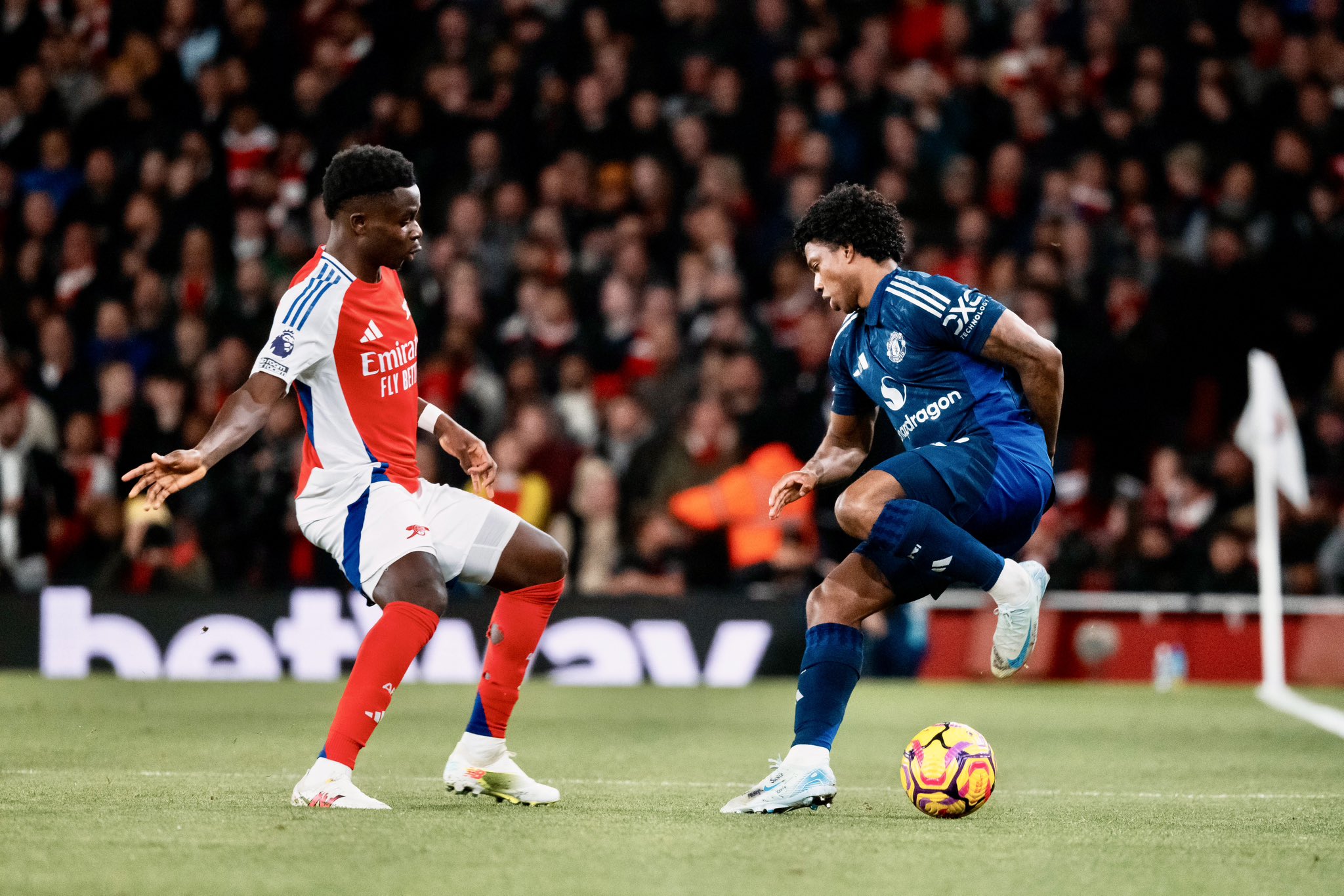 Tyrell Malacia turns with the ball v Arsenal.