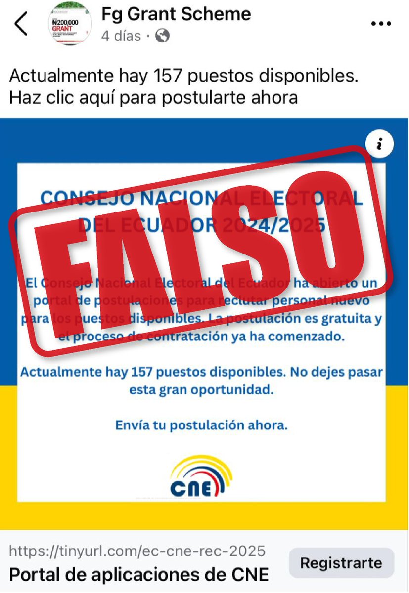 cnegobec's tweet photo. ATENCIÓN  🚨 

Informamos a la ciudadanía que el #CNE, NO se encuentra reclutando personal para las #Elecciones2025Ec. 

🚫 Evita ser víctima de estafas y recuerda informarte únicamente por nuestros canales oficiales:

✅ https://t.co/SRqIlvRz5d
✅ Redes sociales institucionales.