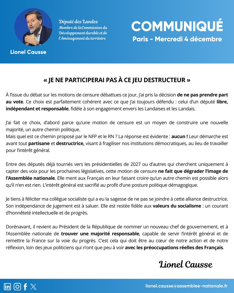 Face à la #MotionDeCensure aujourd'hui votée, retrouvez mon communiqué ⬇️