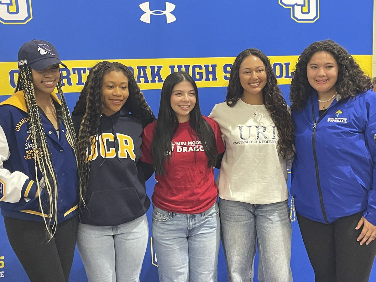 Charter Oak softball’s Jazmyn Johnson (UCSB), Jayla Brown (UCR), Riley Dunne (Minnesota State), Lyla Caston (Rhode Island) and Alyssa Lopez (Westcliff University) on National Signing Day.