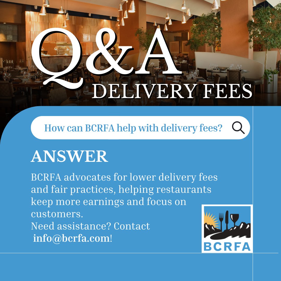 BC Restaurants & Foodservices Association (@bcrfa) on Twitter photo At BCRFA, weāre dedicated to helping restaurants keep more of their earnings by advocating for lower delivery fees and ensuring fair practices from delivery platforms. Focus on what matters mostāserving your customers! Need support? Contact info@bcrfa.com. At BCRFA, weāre dedicated to helping restaurants keep more of their earnings by advocating for lower delivery fees and ensuring fair practices from delivery platforms. Focus on what matters mostāserving your customers! Need support? Contact info@bcrfa.com.