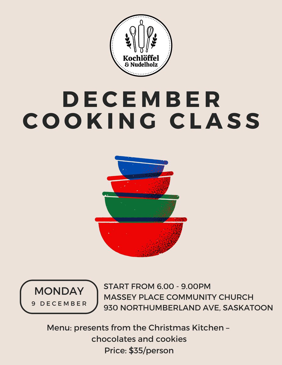 saskgerman's tweet image. Interested in German cuisine? There are still a few spots available for the upcoming class next Monday, Dec 9th, 2024 with Kochlöffel &amp;amp; Nudelholz. 

To register or to get more information: kochloeffelandnudelholz@gmail.com
#germantradition #germancooking #saskatoon