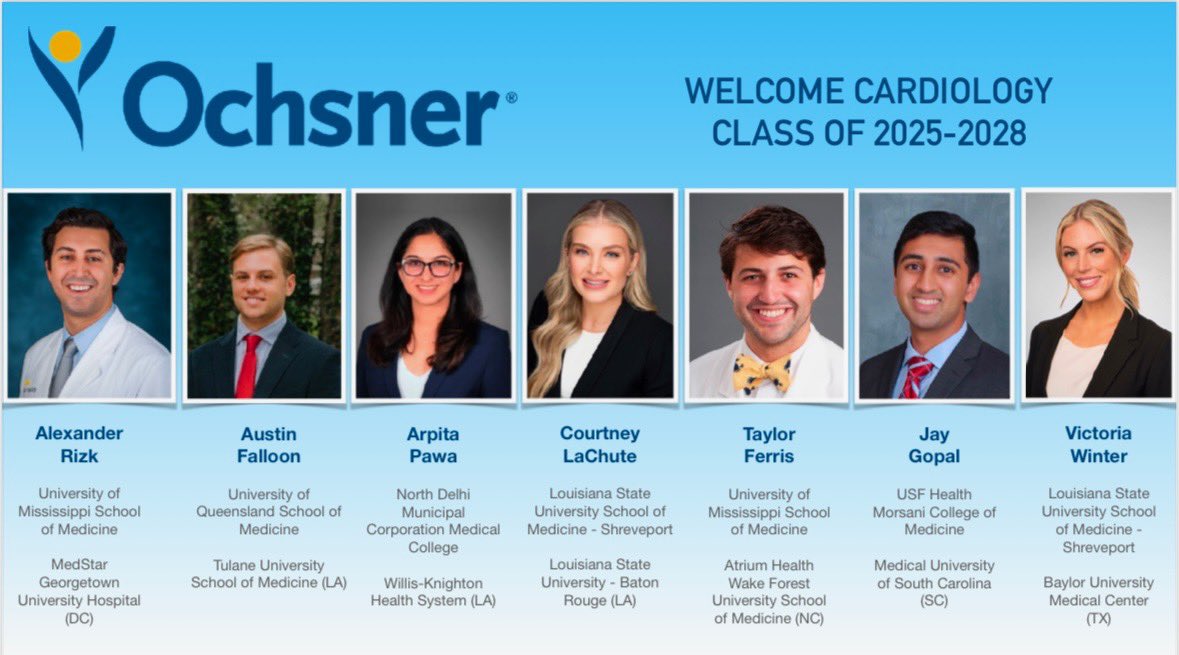 Ochsner Cardiology Fellows (@ochsnercvfellow) on Twitter photo Excited to welcome the newest class of cardiology fellows to <a href="/OchsnerHealth/">Ochsner Health</a> in New Orleans! 🎉💙 Here’s to a journey of learning, growth, and advancing heart health together. <a href="/Skhatib55/">Sammy Khatib</a> <a href="/merrillstewart/">Merrill Stewart</a> #CardiologyFellowship #MatchDay2024” Excited to welcome the newest class of cardiology fellows to <a href="/OchsnerHealth/">Ochsner Health</a> in New Orleans! 🎉💙 Here’s to a journey of learning, growth, and advancing heart health together. <a href="/Skhatib55/">Sammy Khatib</a> <a href="/merrillstewart/">Merrill Stewart</a> #CardiologyFellowship #MatchDay2024”