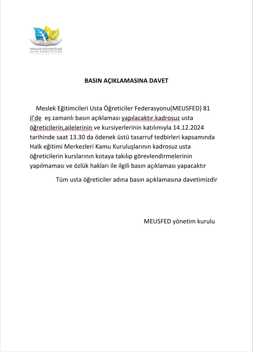 14.12.2024 saat 13.30'da 81 il'de eş zamanlı yapılacak olan Basın Açıklamamıza tüm Ustaöğreticiler,aileleri ve kursiyerleri Davetlidir.
#UstaöğreticilerSusmayacak