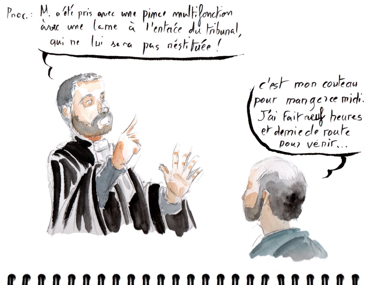 mysterty's tweet photo. Je me lance dans le dessin d'audience à l'invitation de #msde. Procès du 27/11 de deux manifestants #AntiBassines, suite à la manifs de #LaRochelle
#MegaBassines #DessinAudience #Tribunal #Actu #Dessin #Draw #Humour #Aquacolor #Ink #Draw #Dessin #BD #Manga #Cartoon https://t.co/B7a5oQvKZE