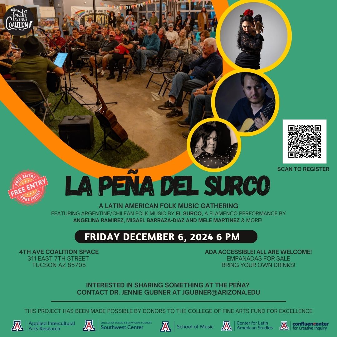This Friday La Peña Del SurCo will be celebrating its 1 year anniversary!🎉

Featuring Argentine/Chilean folk music by El Surco de Tucson, a flamenco performance by Angela Ramirez, Misael Barraza-Diaz and Mele Martinez &amp; many more! 🎤