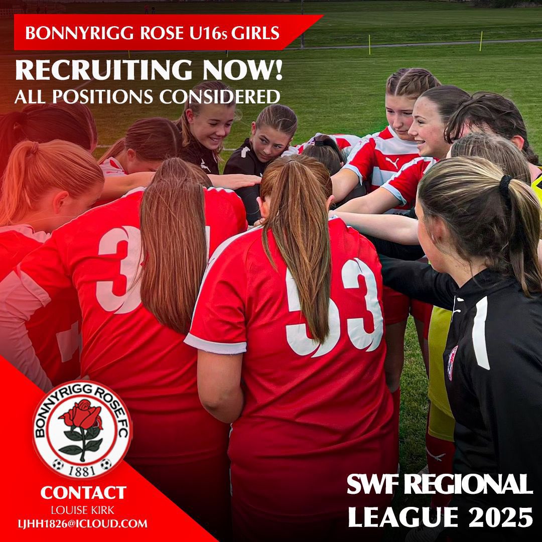 BonnyriggCFC's tweet photo. Our Girls U14s (reds) are making the step up to U16s in the New Year 🆙

The team are recruiting now so if you’re looking for a new challenge in 2025, get in touch👇🏻 https://t.co/WcG0GQNbjM