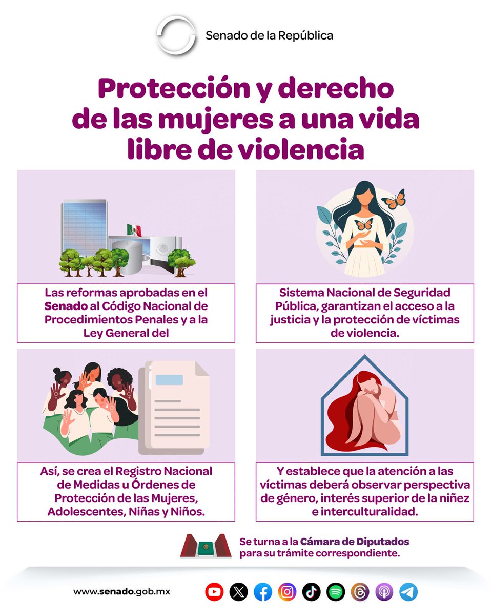 📌 El Senado aprobó la creación del Registro Nacional de Medidas de Protección para Mujeres, Adolescentes, Niñas y Niños, y otorgó facultades a las instituciones de Seguridad Pública para implementar medidas de seguridad inmediatas en favor de las víctimas de violencia.