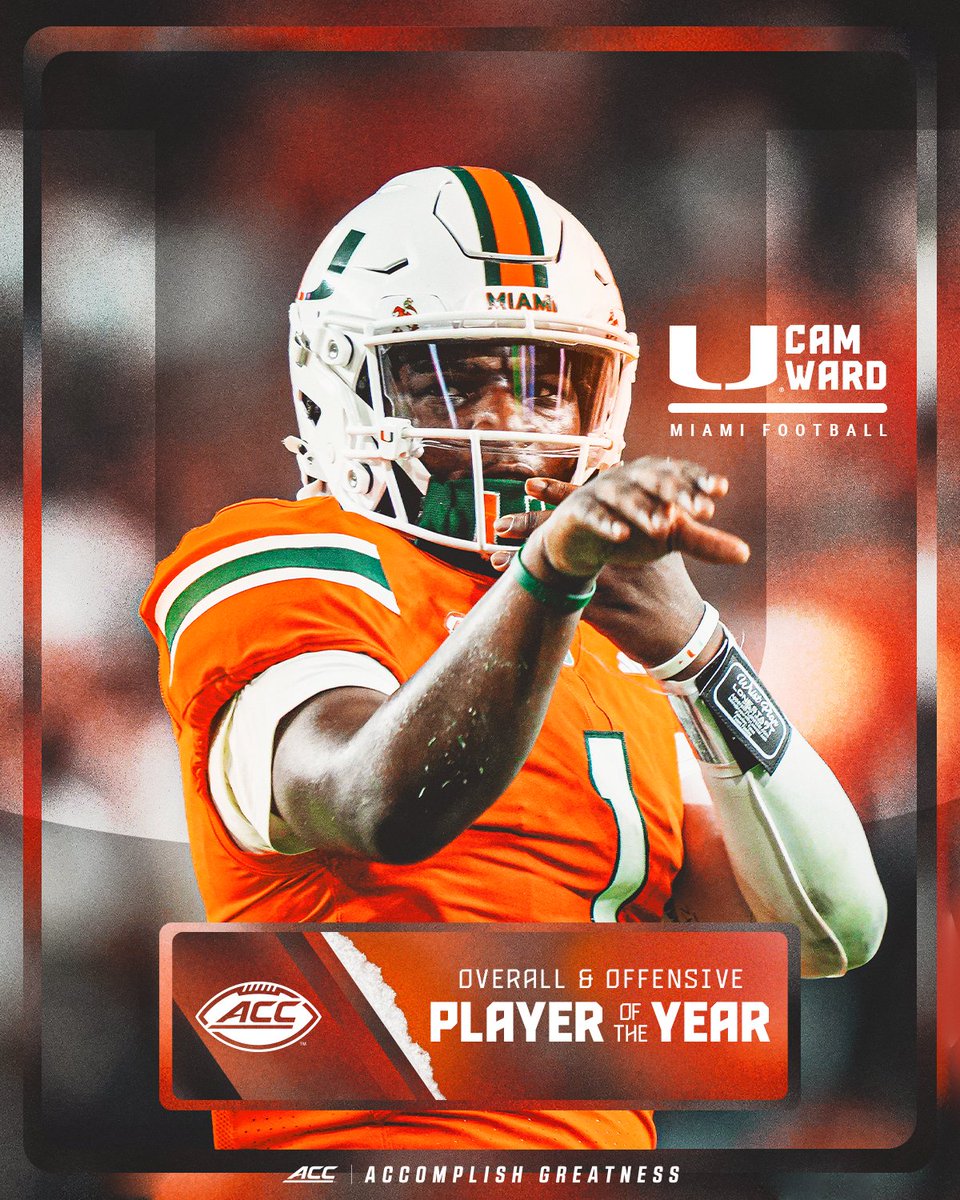 ACC Football (@accfootball) on Twitter photo πππ π«’π«³
The 2024 ACC Player of the Year AND Offensive Player of the Year is <a href="/CanesFootball/">Miami Hurricanes Football</a> QB1 and Heisman candidate - Cam Ward!
π theacc.co/24fbpoty πππ π«’π«³
The 2024 ACC Player of the Year AND Offensive Player of the Year is <a href="/CanesFootball/">Miami Hurricanes Football</a> QB1 and Heisman candidate - Cam Ward!
π theacc.co/24fbpoty