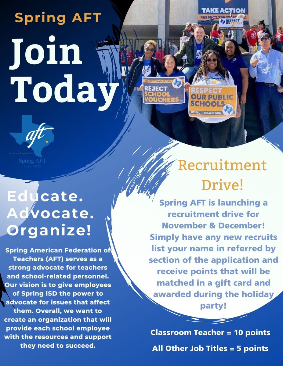 AftSpring's tweet image. 🚨 Union Recruitment Drive! 🚨

Here’s how it works:  
Recruit new members 
- Teachers: Earn 10 points per recruit.  
- Other jobs: Earn 5 points per recruit.  

💰 What do the points mean?  
1 point = $1 in gift cards!

Deadline: Dec 20th

#UnionStrong #GrowOurUnion #SpringAFT