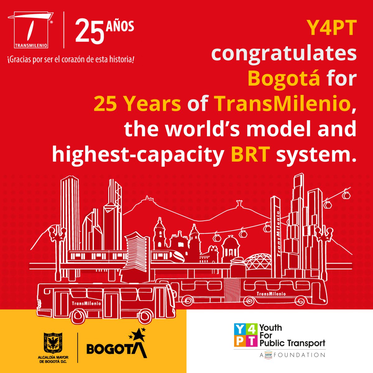 🚦 Youth For Public Transport (Y4PT) Foundation congratulates 🇨🇴 Colombia's Capital City of Bogotá ⛰️ for 25 Years (2000-2024) of 🚌 TransMilenio, the 🌐 world’s model and highest-capacity 🚍 BRT system. 👏 Happy Anniversary! 🎉 #Bogota #TransMilenio #BRT #BusRapidTransit #Bus