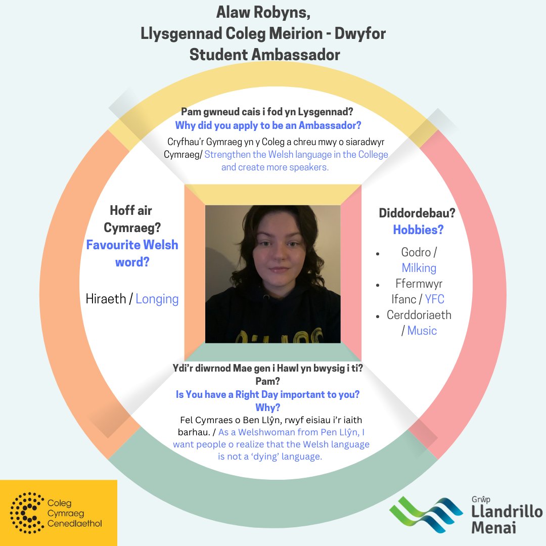 Dyma Alaw, Llysgennad @meiriondwyfor! Fel myfyriwr Iechyd a Gofal, ti'n gwybod mae'r Gymraeg yw'r ffisig gorau. / Let's strengthen the Welsh language in the College together. Croeso to the team! <a href="/colegcymraeg/">Coleg Cymraeg</a> #DefnyddiaDyGymraeg