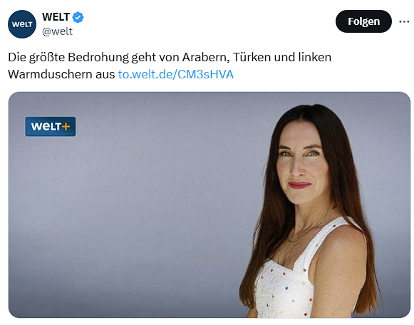 Vor zehn Jahren haben wir uns darüber aufgeregt, wenn sowas auf NPD-Plakaten oder in Beiträgen von pi-news stand. Heute steht so ein rassistischer Müll wöchentlich in großen Tageszeitungen und keinen interessiert's.