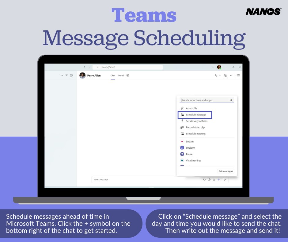 adNETtechnology's tweet image. Plan your chats like a pro with #Teams message scheduling! #Nanos #Microsoft #MessageScheduling