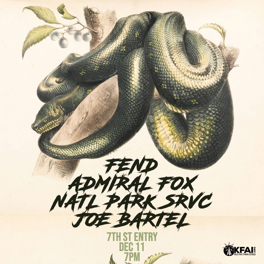 Local darlings <a href="/fendtheband/">𝒻ₑₙ𝒹 📀DISC OUT NOW</a>, Admiral Fox, <a href="/NATLPARKSRVC/">NATL PARK SRVC</a>, and <a href="/JoeBartel/">Joe Bartel VEVO</a> play 7th St Entry in one week! 🐍 
Tickets → firstavenue.me/49jCvdF