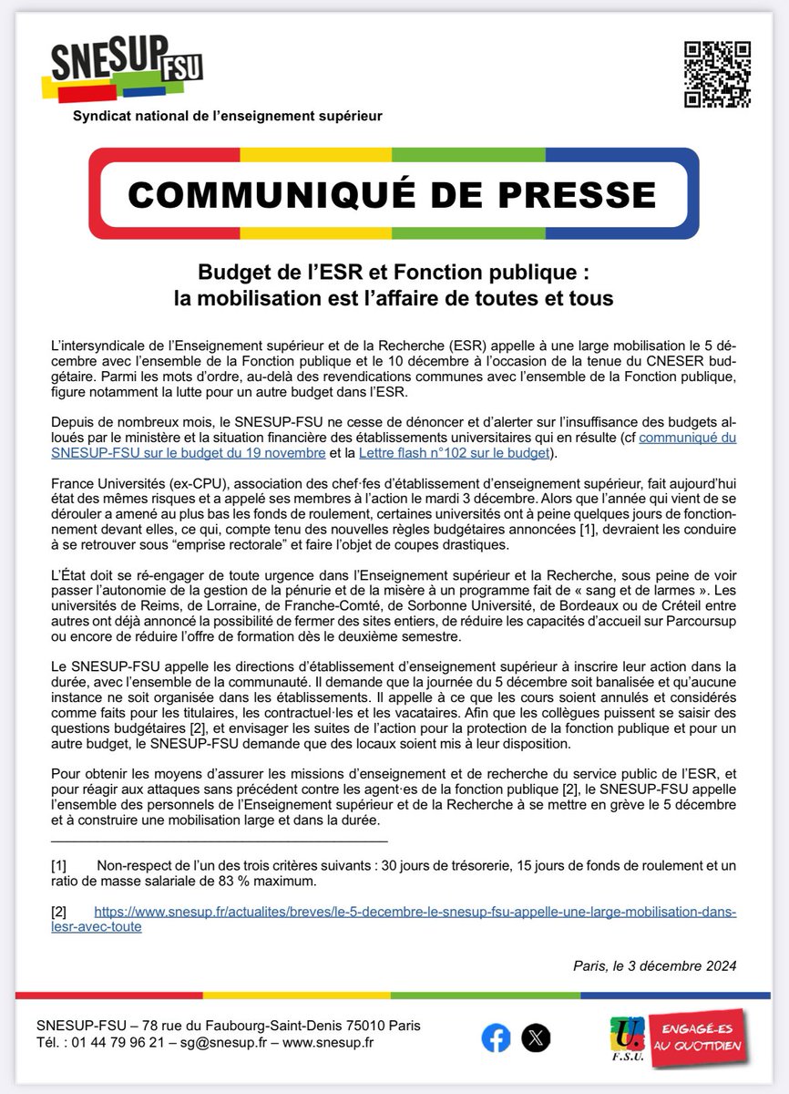 SnesupFsu's tweet photo. ‼️Budget de l’ESR et fonction publique : la mobilisation est l’affaire de toutes et tous ‼️
#greve5decembre #10decembre

▶️Communiqué du @SnesupFsu du 3 décembre 2024 

https://t.co/MzspdopLR2 https://t.co/VS4AuJoywe