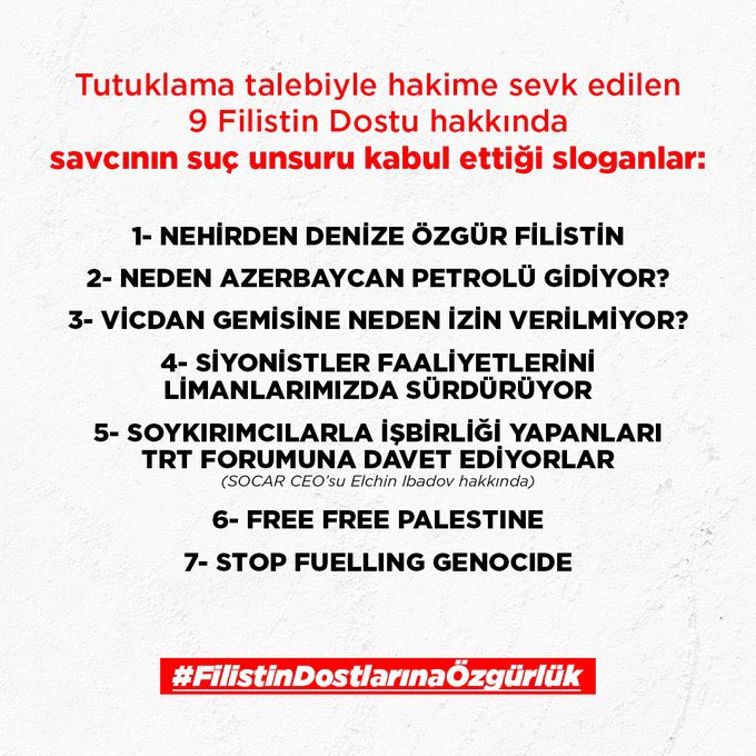hayderi21's tweet photo. @yahyazned Bizdeki haberler şöyle;
9 kişi İsrail'le ticareti kesin dediği için terör suçlarını soruşturma kapsamında tutuklandı. Suç unsuru olarak kabul edilen bazı sloganlar bunlar. https://t.co/6XYPXyYDlF