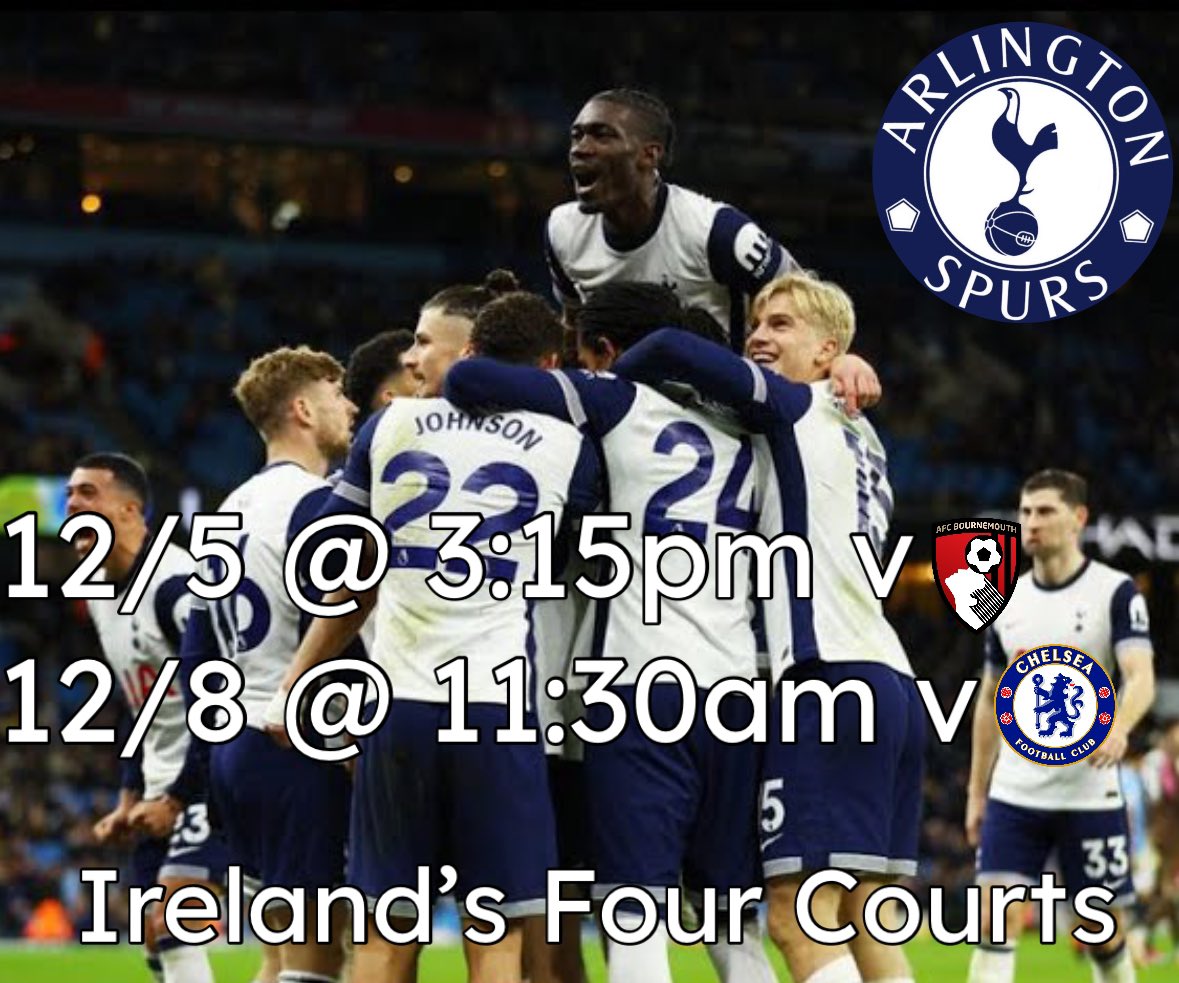 Two matches this week and the beginning of festive fixtures! First up is our match tomorrow against Bournemouth -KO 3:15pm. Then Sunday morning is a London derby again Chelsea - KO 11:30am. Join us for both matches at <a href="/irelands4courts/">Irelands Four Courts</a> COYS!! #tottenham #hotspur #arlingtonva